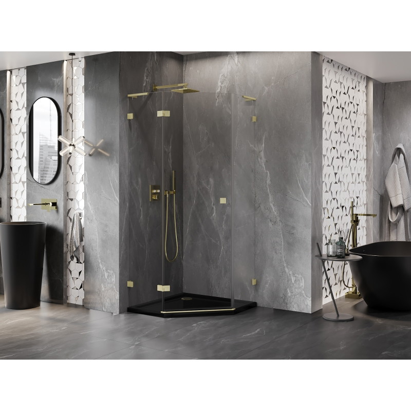 Mexen Lunar L pentagon-shaped left-opening shower enclosure 80 x 80 cm, transparent, brushed gold - 831L-080L-080P-55-00-L