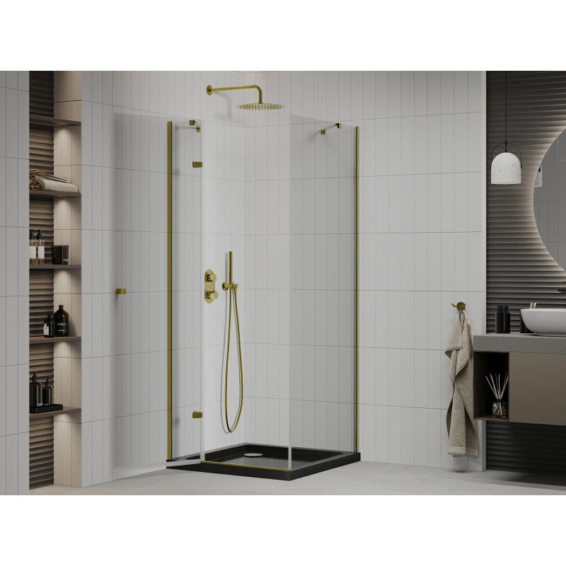 Mexen Roma 90 x 90 cm Hinged Shower Enclosure, Transparent, Gold + Flat Black Tray - 854-090-090-50-00-4070G