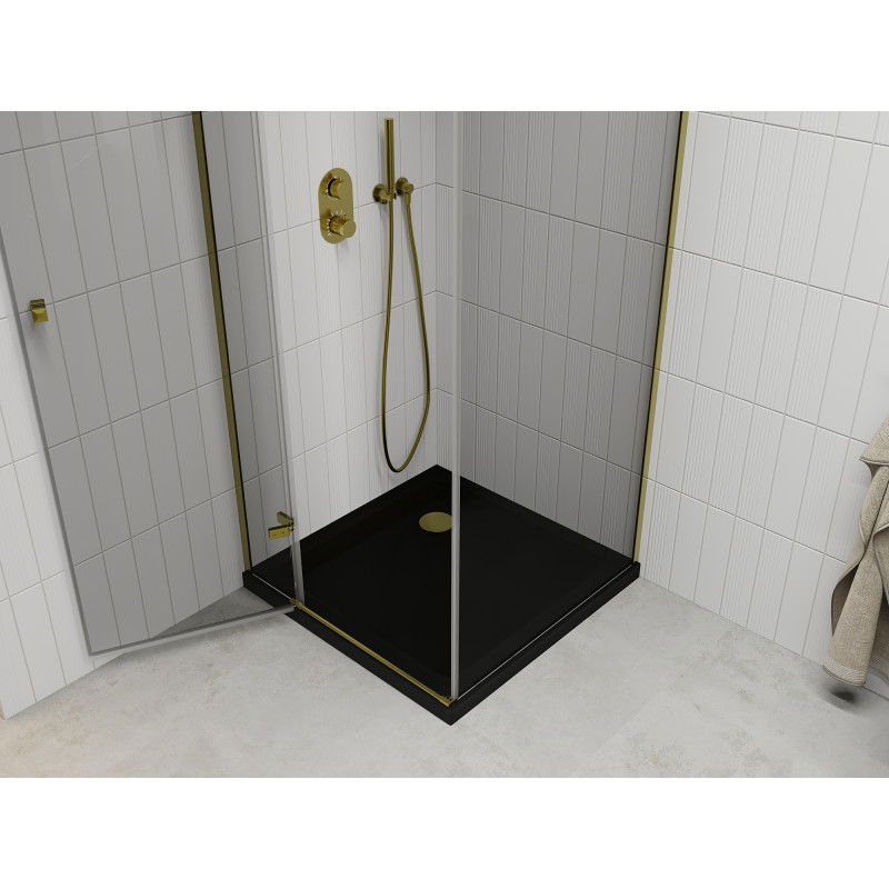 Mexen Roma 90 x 90 cm Hinged Shower Enclosure, Transparent, Gold + Flat Black Tray - 854-090-090-50-00-4070G