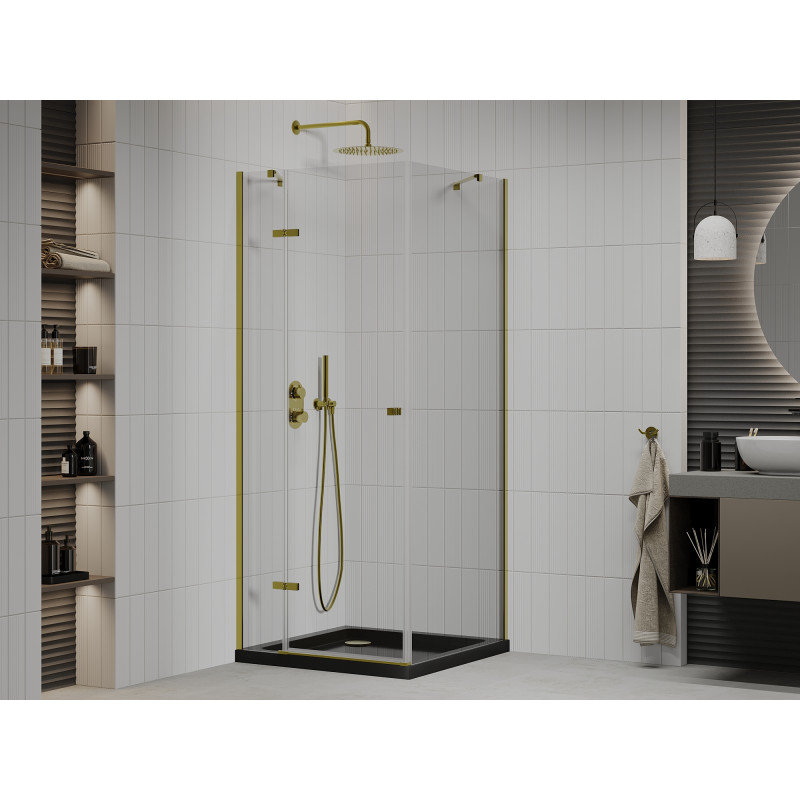 Mexen Roma swing shower cabin 90 x 90 cm, transparent, gold + Flat tray, black - 854-090-090-50-00-4070G