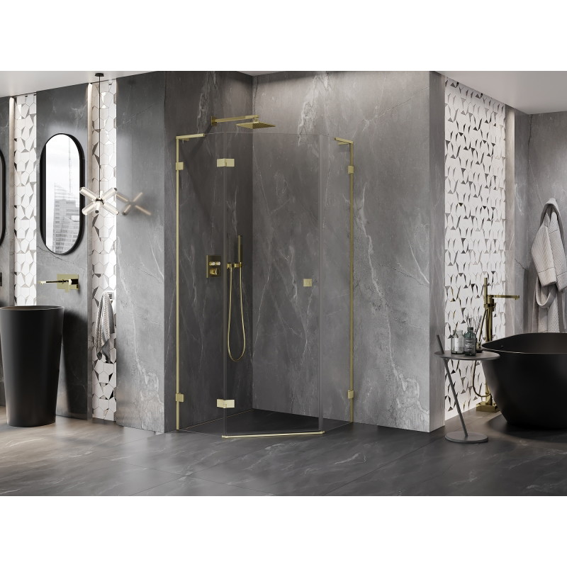 Mexen Lunar L pentagonal shower enclosure with left hinged door 90 x 90 cm, transparent, brushed gold - 831L-090L-090P-55-00-L