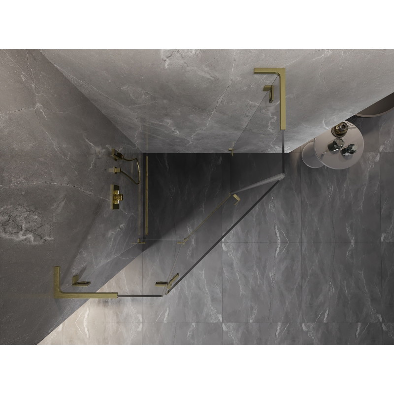 Mexen Lunar L pentagonal shower enclosure with left hinged door 90 x 90 cm, transparent, brushed gold - 831L-090L-090P-55-00-L