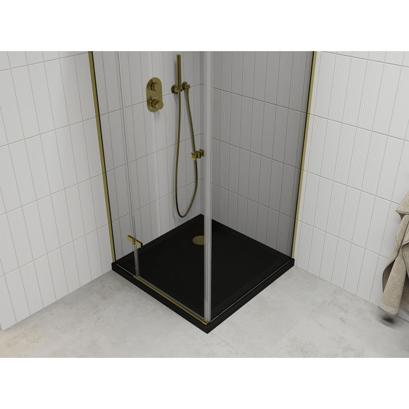 Mexen Roma 90 x 90 cm Hinged Shower Enclosure, Transparent, Gold + Flat Black Tray - 854-090-090-50-00-4070G