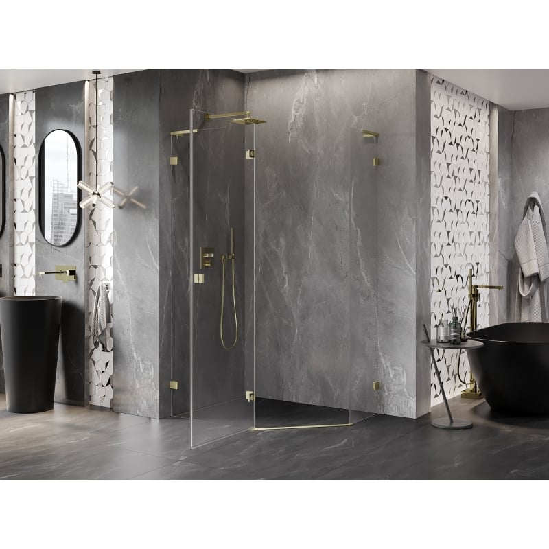 Mexen Lunar L pentagonal shower enclosure tiltable left 100 x 80 cm, transparent, brushed gold - 831L-100L-080P-55-00-L