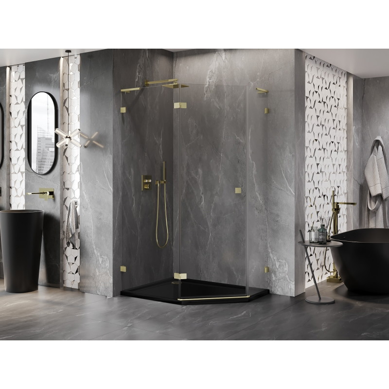 Mexen Lunar L pentagonal pivot shower enclosure left 100 x 90 cm, transparent, brushed gold - 831L-100L-090P-55-00-L