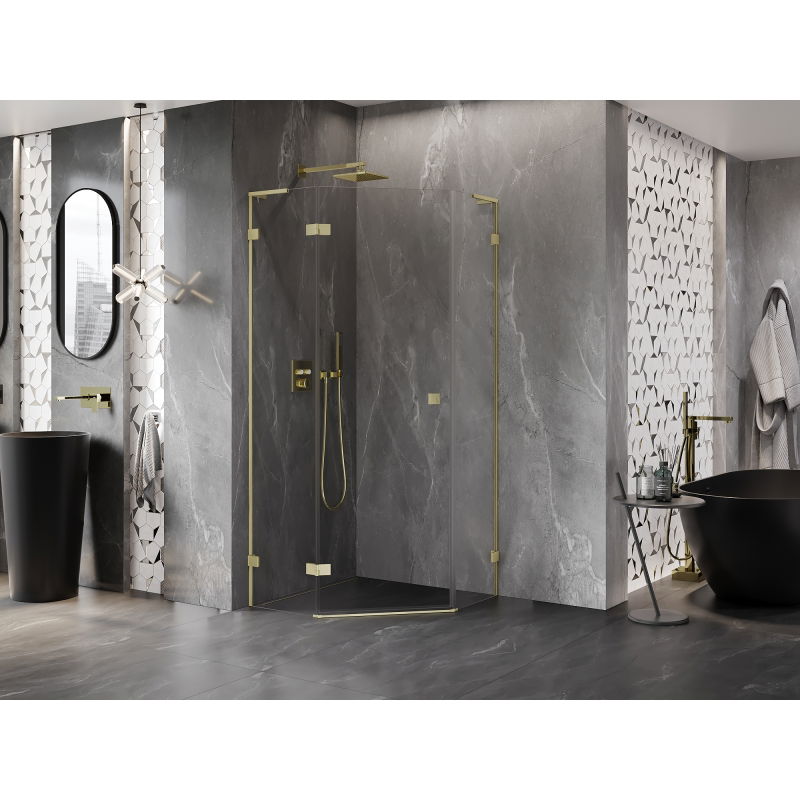 Mexen Lunar L pentagon shower cabin hinged left 100 x 100 cm, transparent, brushed gold - 831L-100L-100P-55-00-L