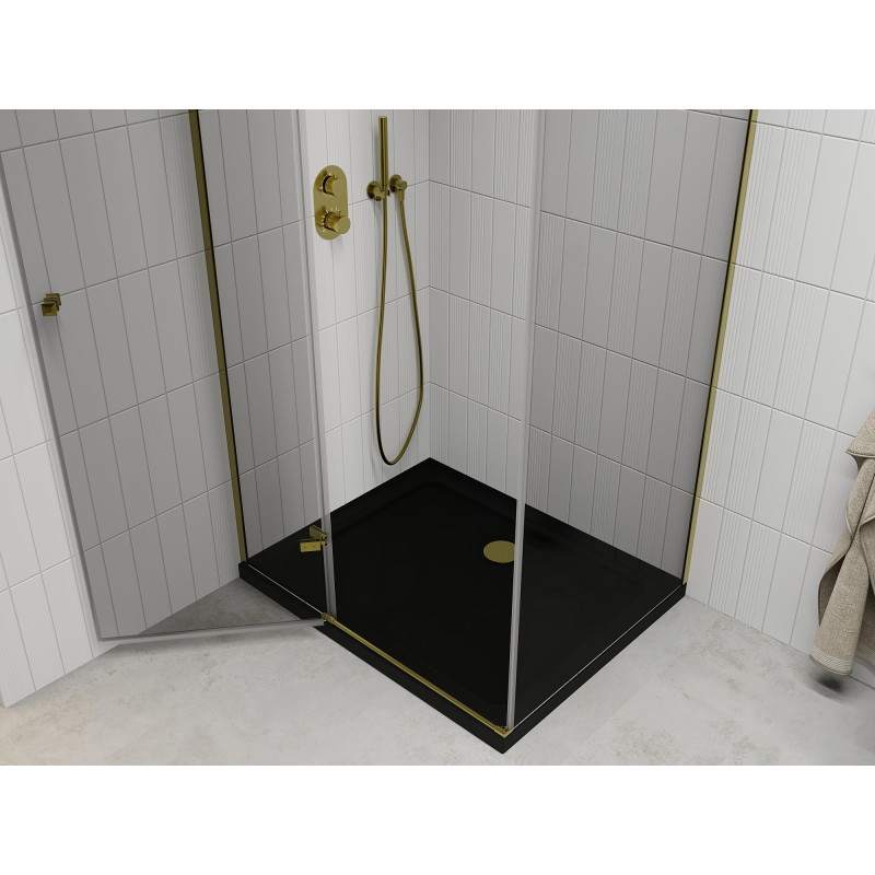 Mexen Roma 90 x 100 cm Hinged Shower Enclosure, Transparent, Gold + Flat Tray, Black - 854-090-100-50-00-4070G