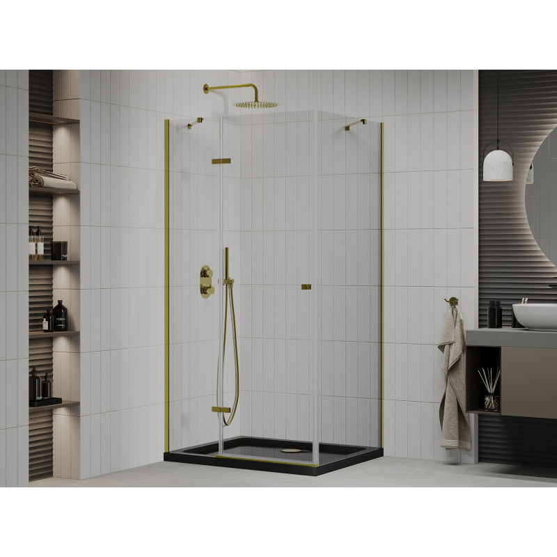 Mexen Roma pivot shower enclosure 90 x 100 cm, transparent, gold + Flat tray, black - 854-090-100-50-00-4070G