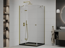 Mexen Roma 90 x 100 cm Hinged Shower Enclosure, Transparent, Gold + Flat Tray, Black - 854-090-100-50-00-4070G