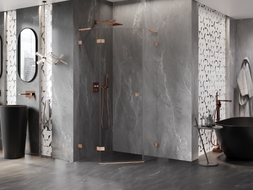 Mexen Lunar L pentagonal shower enclosure with left hinged door 90 x 90 cm, transparent, brushed copper - 831L-090L-090P-65-00-L