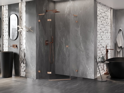 Mexen Lunar L pentagonal shower enclosure, tilting left, 100 x 100 cm, transparent, brushed copper - 831L-100L-100P-65-00-L