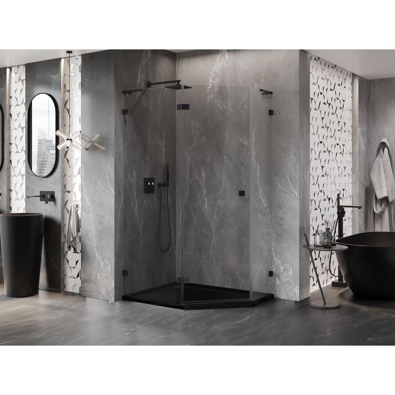 Mexen Lunar L pentagonal pivot shower enclosure left 100 x 80 cm, transparent, black - 831L-100L-080P-70-00-L