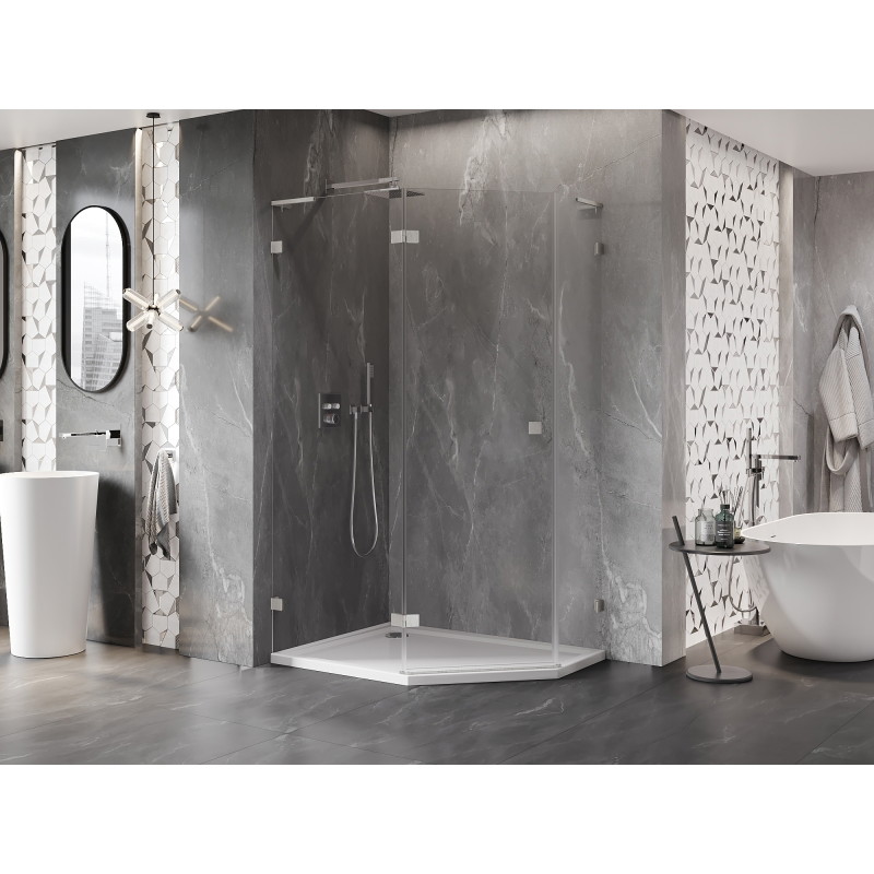 Mexen Lunar L pentagonal shower enclosure, left hinged 100 x 80 cm, transparent, brushed nickel - 831L-100L-080P-97-00-L