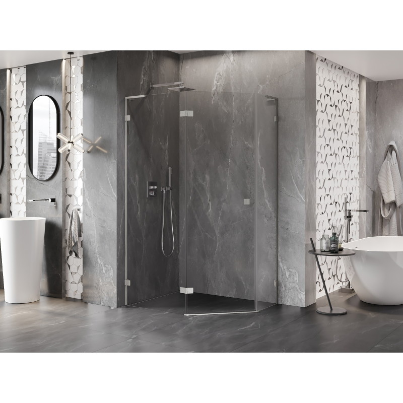 Mexen Lunar L pentagonal shower enclosure, left hinged 100 x 80 cm, transparent, brushed nickel - 831L-100L-080P-97-00-L