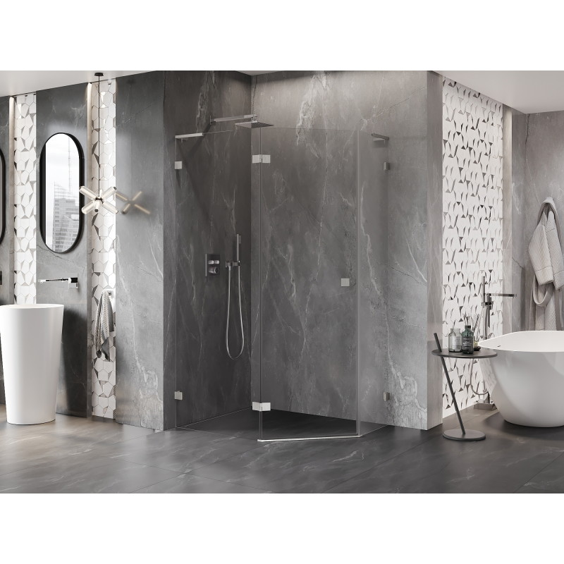 Mexen Lunar L pentagonal shower enclosure, left hinged 100 x 80 cm, transparent, brushed nickel - 831L-100L-080P-97-00-L