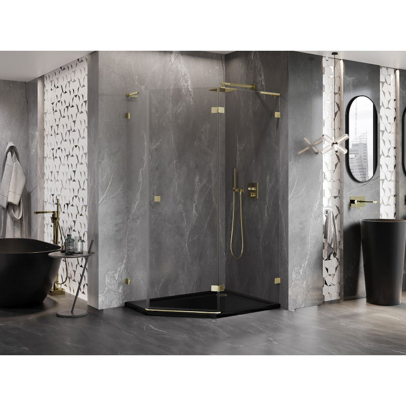 Mexen Lunar L Pentagonal Right Hinged Shower Enclosure 100 x 90 cm, Transparent, Gold - 831L-100P-090L-50-00-P