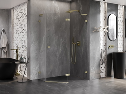 Mexen Lunar L pentagonal right swing shower cabin 90 x 80 cm, transparent, brushed gold - 831L-090P-080L-55-00-P