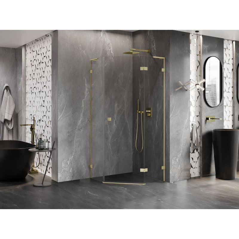 Mexen Lunar L pentagonal right hinged shower cabin 100x100 cm, transparent, brushed gold - 831L-100P-100L-55-00-P