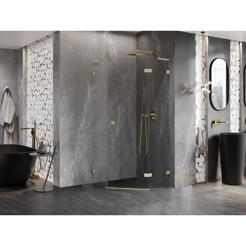 Mexen Lunar L pentagonal right hinged shower cabin 100x100 cm, transparent, brushed gold - 831L-100P-100L-55-00-P
