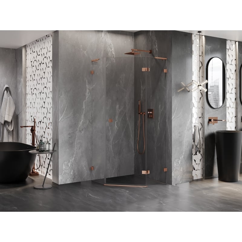 Mexen Lunar L pentagonal shower enclosure with right-hinged door 80 x 80 cm, transparent, rose gold - 831L-080P-080L-60-00-P