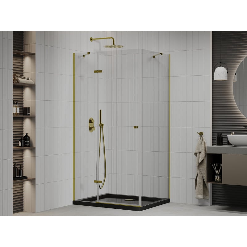 Mexen Roma swing shower enclosure 120 x 80 cm, transparent, gold + Flat shower tray, black - 854-120-080-50-00-4070G