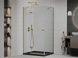 Mexen Roma swing shower enclosure 120 x 80 cm, transparent, gold + Flat shower tray, black - 854-120-080-50-00-4070G