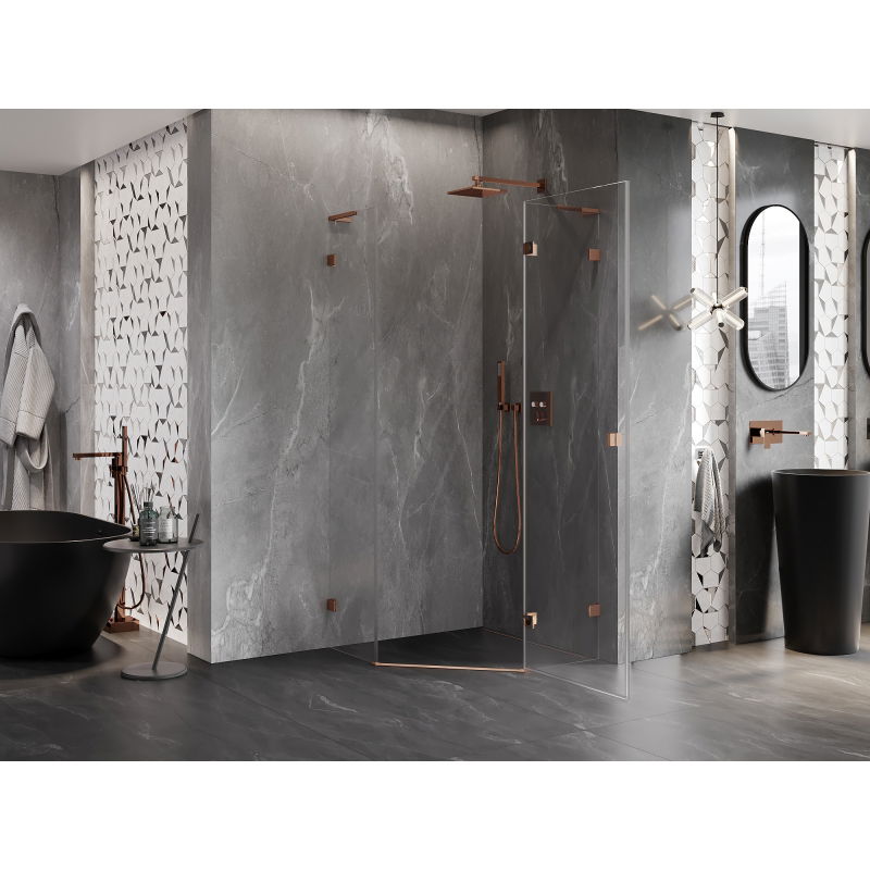 Mexen Lunar L right-hinged pentagon shower enclosure 100 x 100 cm, transparent, pink gold - 831L-100P-100L-60-00-P