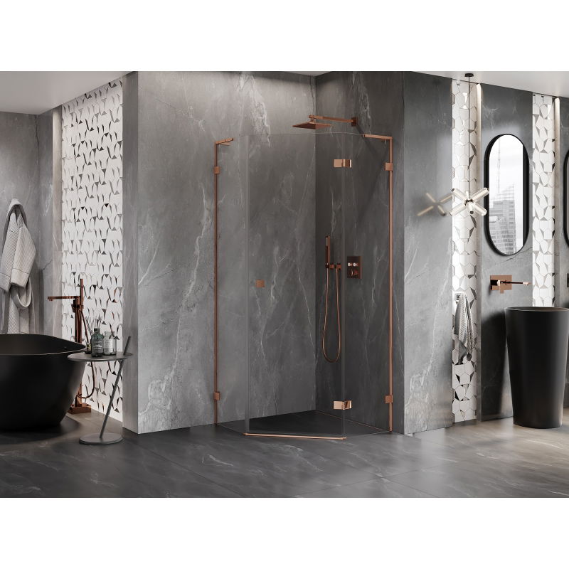 Mexen Lunar L right-hinged pentagon shower enclosure 100 x 100 cm, transparent, pink gold - 831L-100P-100L-60-00-P