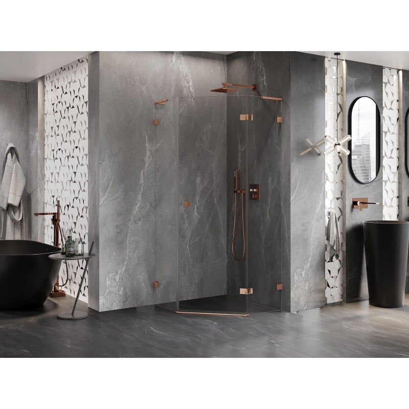 Mexen Lunar L right-hinged pentagon shower enclosure 100 x 100 cm, transparent, pink gold - 831L-100P-100L-60-00-P