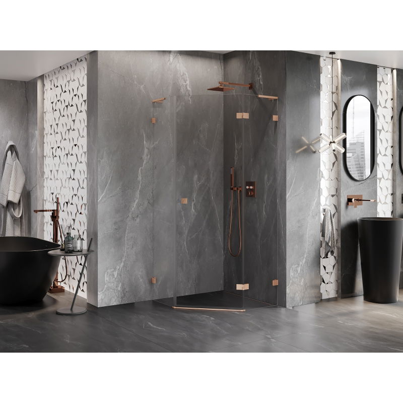 Mexen Lunar L Pentagonal Hinged Shower Enclosure Right 80 x 80 cm, Transparent, Brushed Copper - 831L-080P-080L-65-00-P