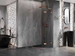 Mexen Lunar L Pentagonal Hinged Shower Enclosure Right 80 x 80 cm, Transparent, Brushed Copper - 831L-080P-080L-65-00-P