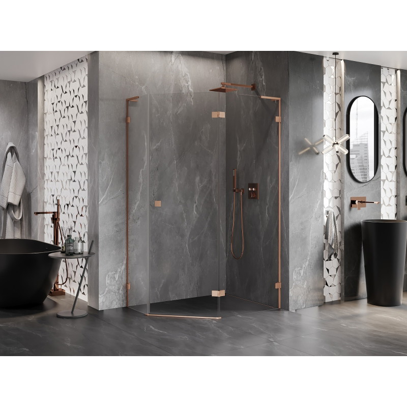 Mexen Lunar L Pentagonal Right Hinged Shower Enclosure 100 x 90 cm, Transparent, Brushed Copper - 831L-100P-090L-65-00-P