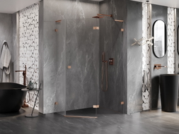 Mexen Lunar L Pentagonal Right Hinged Shower Enclosure 100 x 90 cm, Transparent, Brushed Copper - 831L-100P-090L-65-00-P
