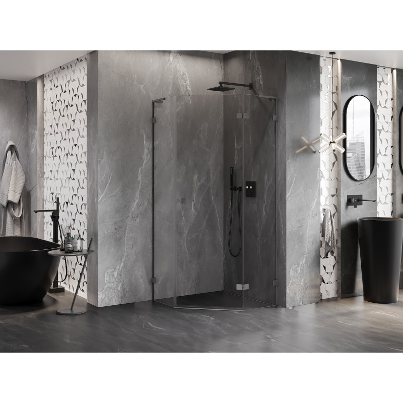 Mexen Lunar L pentagon-shaped hinged right shower cabin 100x100 cm transparent gun gray brushed - 831L-100P-100L-66-00-P