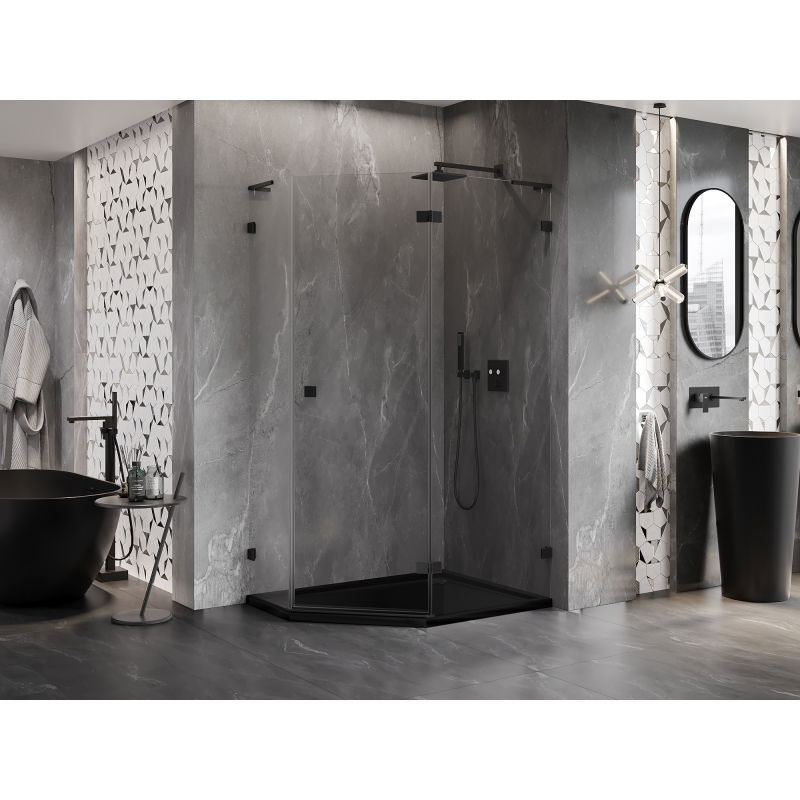 Mexen Lunar L pentagon shower cubicle, right hinged 100 x 90 cm, transparent, black - 831L-100P-090L-70-00-P