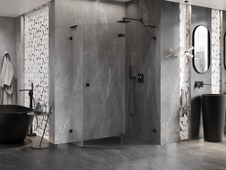 Mexen Lunar L pentagonal right-hinged shower enclosure 100 x 90 cm, transparent, black - 831L-100P-090L-70-00-P