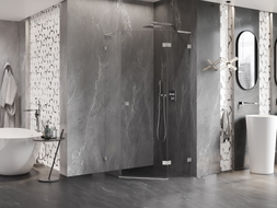 Mexen Lunar L pentagonal right-hinged shower cabin 80 x 80 cm, transparent, brushed nickel - 831L-080P-080L-97-00-P