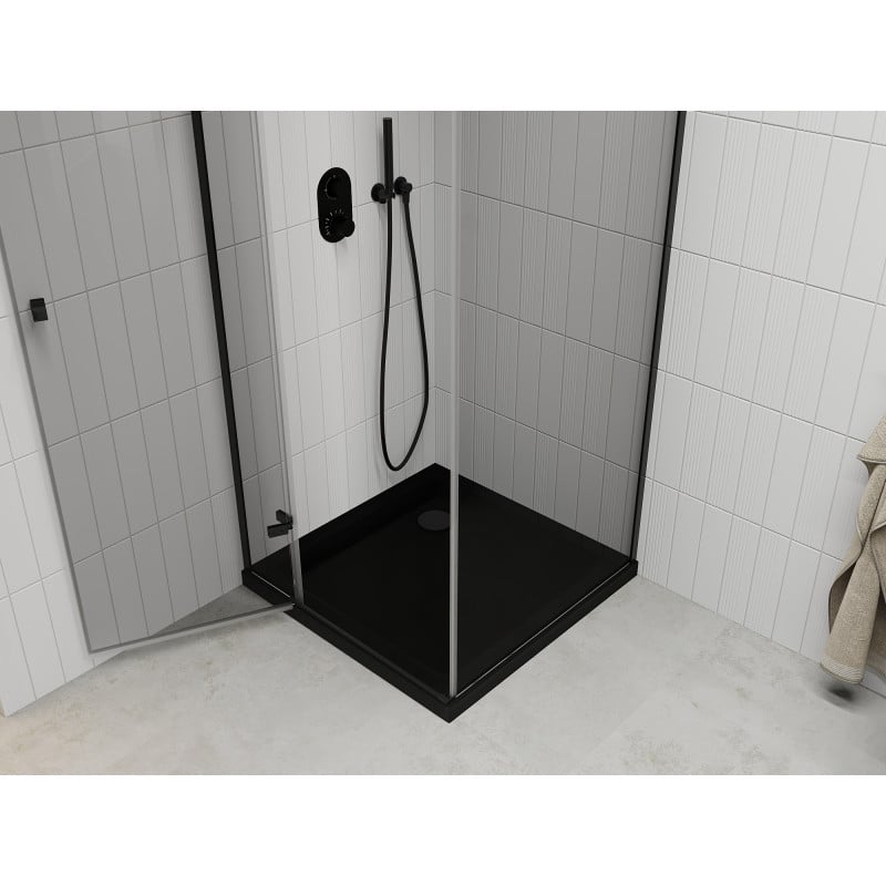 Mexen Roma swinging shower enclosure 80 x 80 cm, transparent, black + Flat shower tray, black - 854-080-080-70-00-4070B