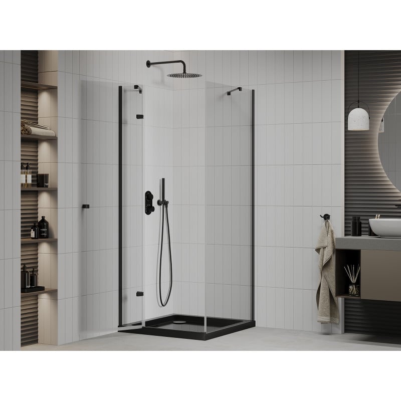 Mexen Roma swinging shower enclosure 80 x 80 cm, transparent, black + Flat shower tray, black - 854-080-080-70-00-4070B