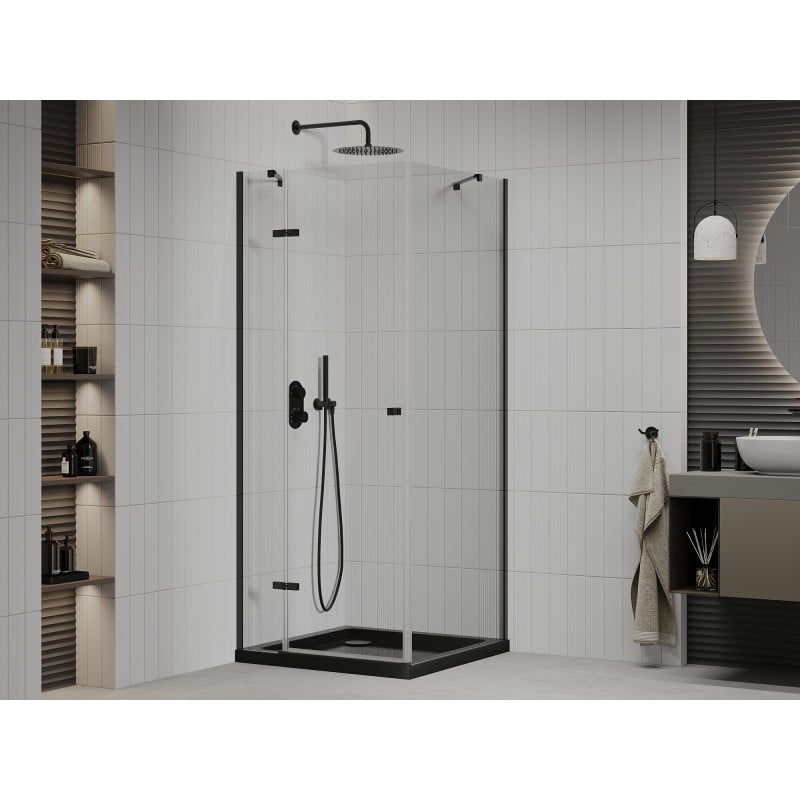 Mexen Roma swinging shower enclosure 80 x 80 cm, transparent, black + Flat shower tray, black - 854-080-080-70-00-4070B
