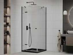 Mexen Roma swinging shower enclosure 80 x 80 cm, transparent, black + Flat shower tray, black - 854-080-080-70-00-4070B