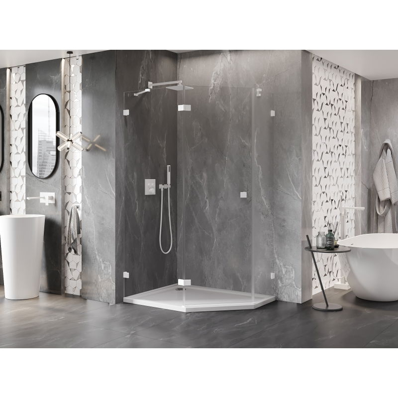 Mexen Lunar pentagonal shower enclosure, left hinged 90 x 80 cm, transparent, white - 831-090L-080P-20-00-L