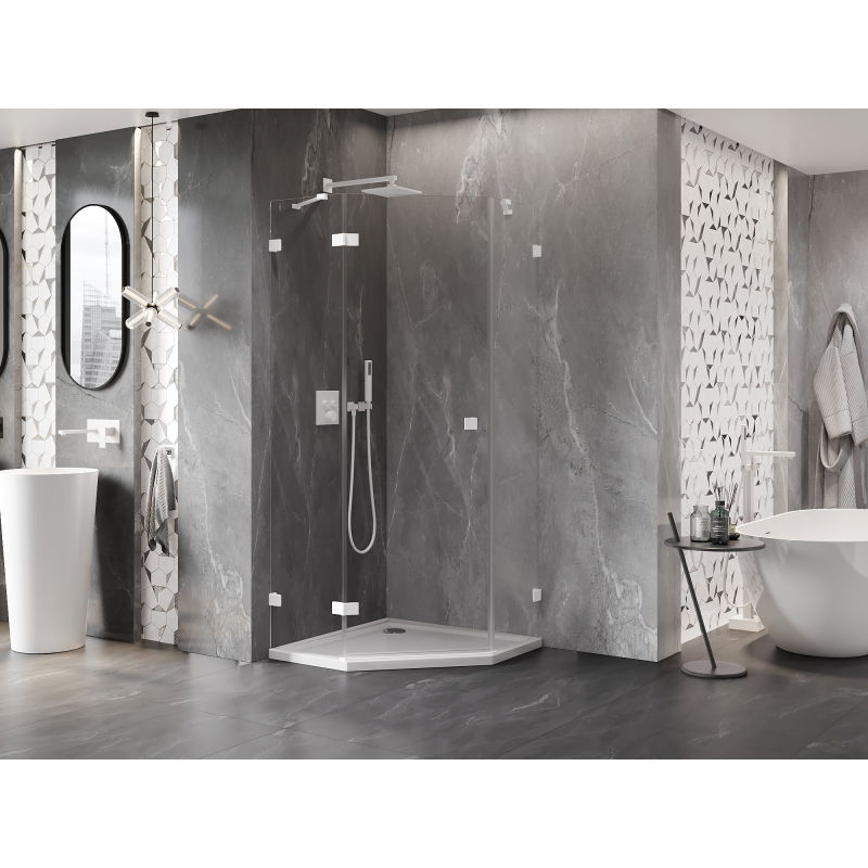 Mexen Lunar pentagonal shower enclosure, left hinged, 100 x 100 cm, transparent, white - 831-100L-100P-20-00-L