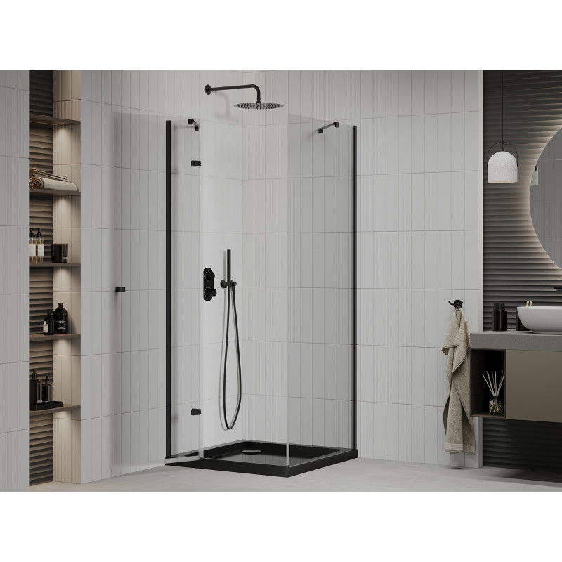Mexen Roma 90 x 90 cm Hinged Shower Enclosure, Transparent, Black + Flat Tray, Black - 854-090-090-70-00-4070B