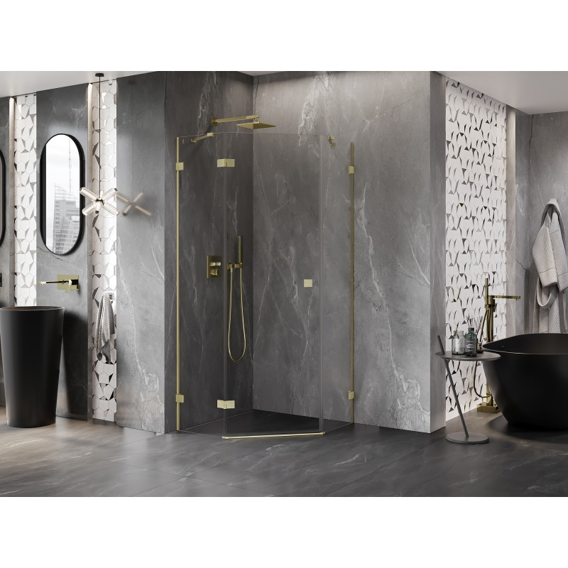 Mexen Lunar pentagonal shower cabin with left-hinged door 80 x 80 cm, transparent, brushed gold - 831-080L-080P-55-00-L