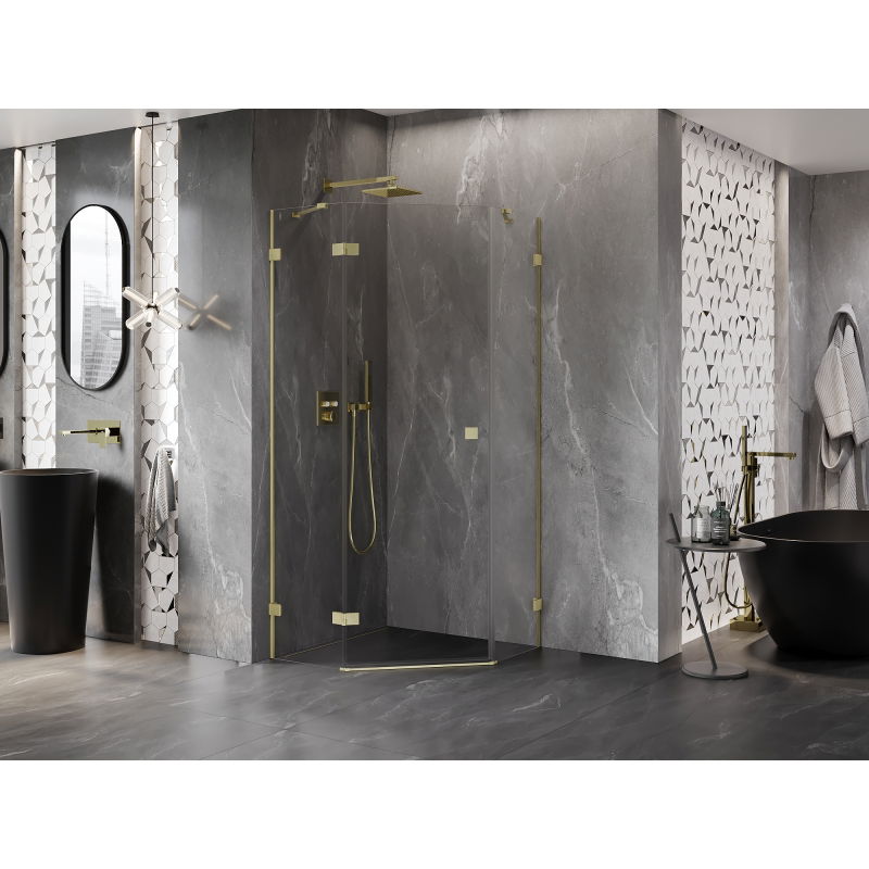 Mexen Lunar Pentagonal Shower Cabin Hinged Left 100 x 100 cm, Transparent, Brushed Gold - 831-100L-100P-55-00-L