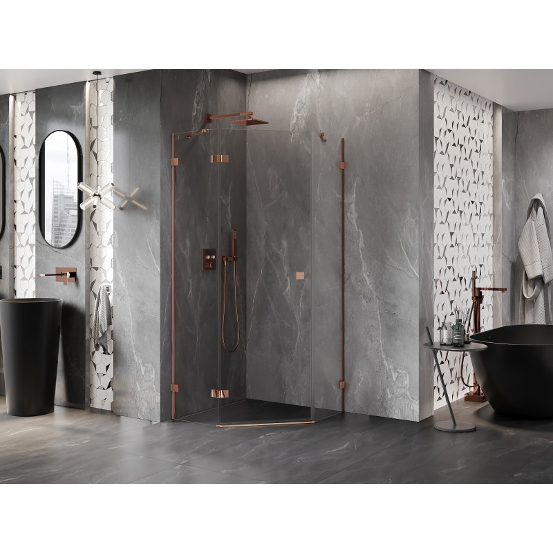 Mexen Lunar pentagonal shower enclosure, hinged left 100 x 100 cm, transparent, rose gold - 831-100L-100P-60-00-L