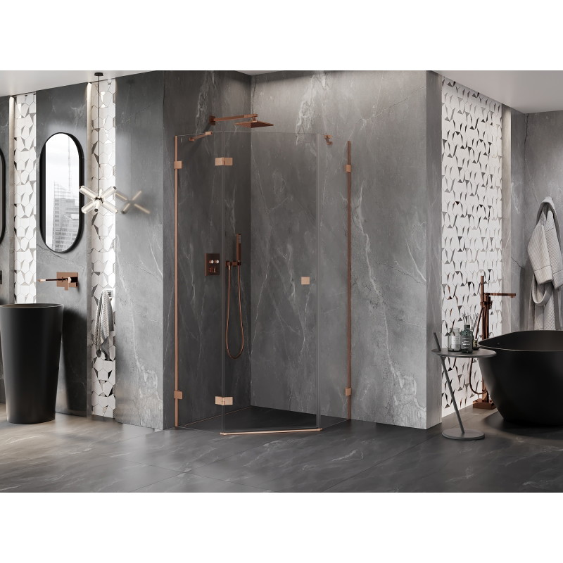 Mexen Lunar pentagonal left hinged shower enclosure 90 x 90 cm, transparent, brushed copper - 831-090L-090P-65-00-L