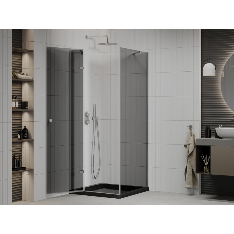 Mexen Roma pivot shower cabin 80 x 80 cm, graphite, chrome + Flat shower tray, black - 854-080-080-01-40-4070