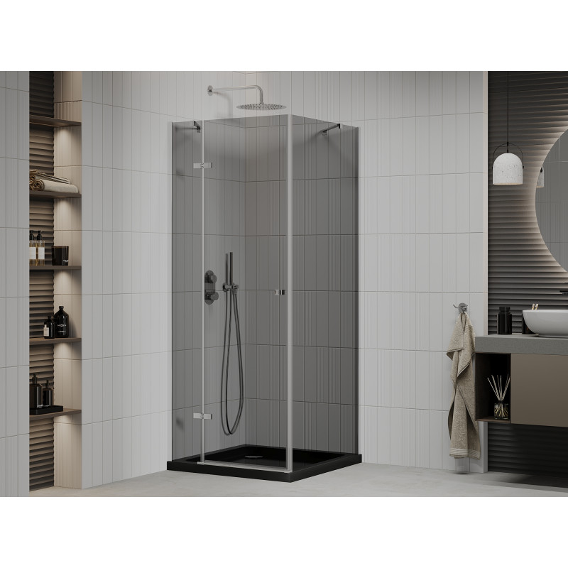 Mexen Roma pivot shower cabin 80 x 80 cm, graphite, chrome + Flat shower tray, black - 854-080-080-01-40-4070